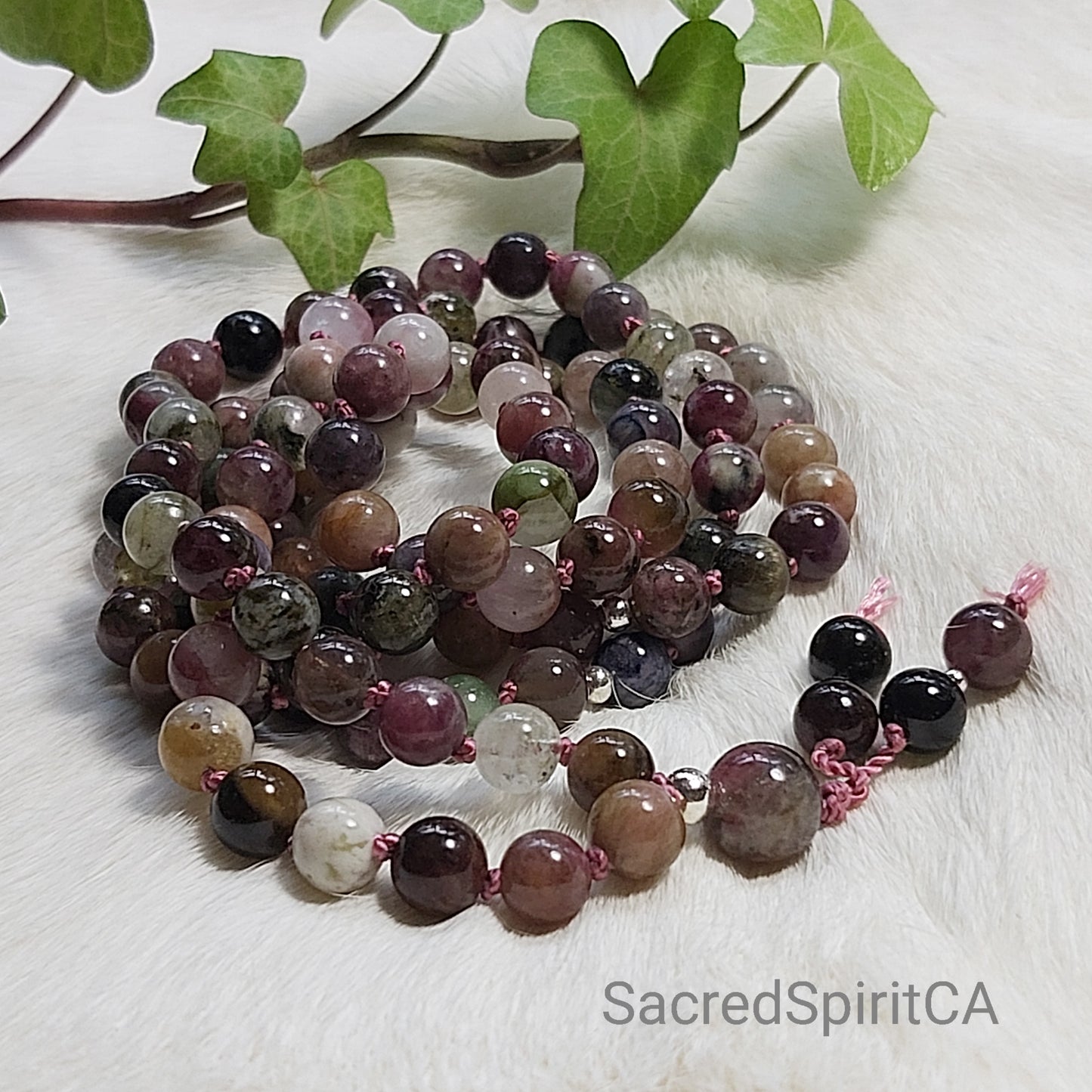 Grounded ~ MULTI-COLOR TOURMALINE Gemstone and 925 Sterling Silver Accents Meditation Gift Set. Mala Necklace, Hand-Knotted 108 Beads.