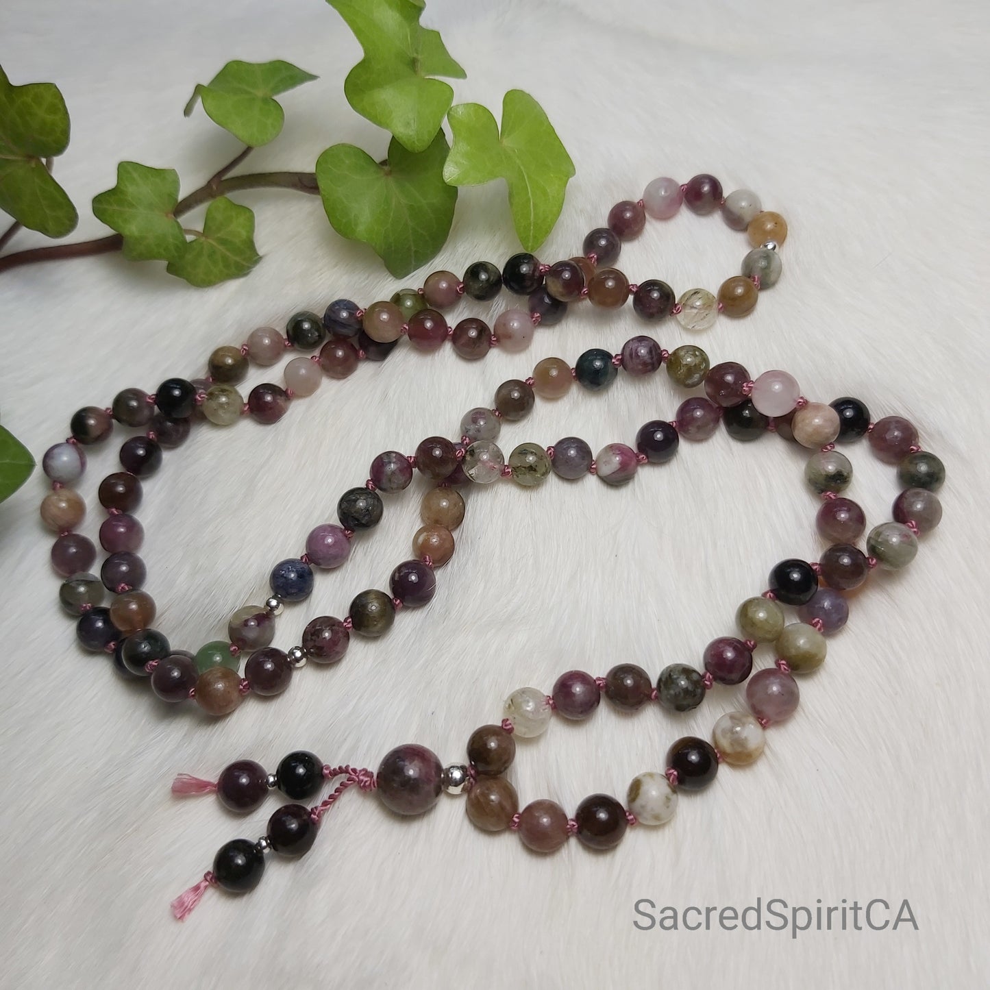 Grounded ~ MULTI-COLOR TOURMALINE Gemstone and 925 Sterling Silver Accents Meditation Gift Set. Mala Necklace, Hand-Knotted 108 Beads.