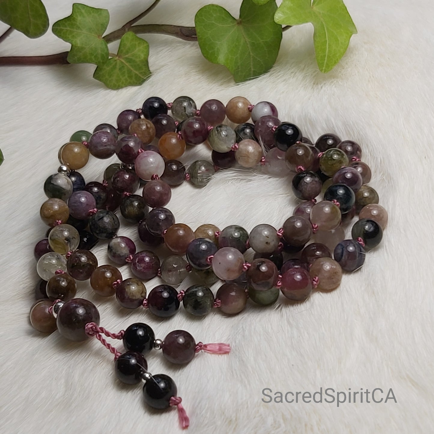 Grounded ~ MULTI-COLOR TOURMALINE Gemstone and 925 Sterling Silver Accents Meditation Gift Set. Mala Necklace, Hand-Knotted 108 Beads.