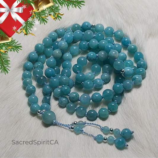 Authentic Voice ~ BLUE AMAZONITE Gemstone and 925 Sterling Silver Accents Meditation Gift Set. Mala Necklace, Hand-Knotted108 Beads.