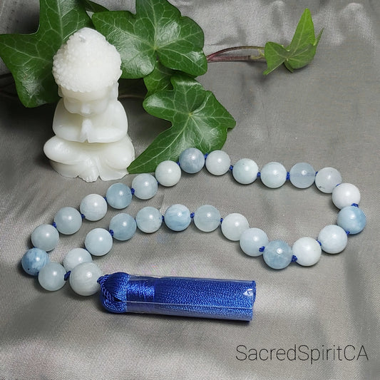 AQUAMARINE Gemstone Meditation Gift Set. Pocket/Wrist/Mini, Quarter Mala Prayer Beads. Hand-Knotted 27 x 10mm Beads.