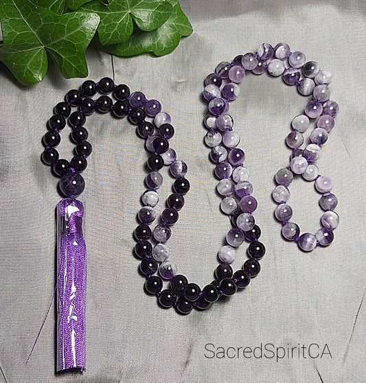 Devine Healing ~ AMETHYST Gemstone Meditation Gift Set. Tassel Necklace Mala, Hand-Knotted 108 Beads.