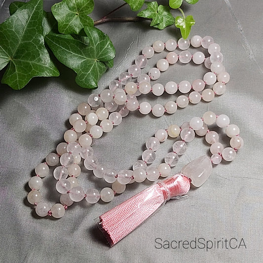 Divine Love ~ ROSE QUARTZ Gemstone Meditation Gift Set. Tassel Necklace Mala, Hand-Knotted 108 Beads.