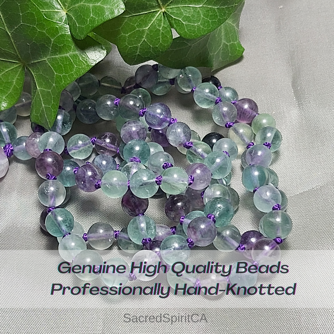 Inner Clarity ~ RAINBOW FLOURITE Gemstone Meditation Gift Set. Tassel Necklace Mala, Hand-Knotted 108 Beads.