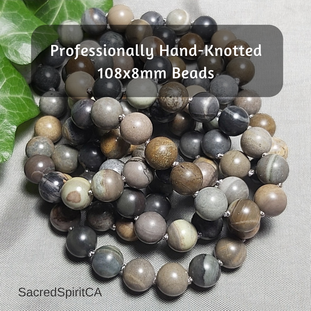 Men's JASPER Gemstone Meditation Gift Set. Full Mala Prayer Necklace. Hand-Knotted 108 x 8mm Beads.